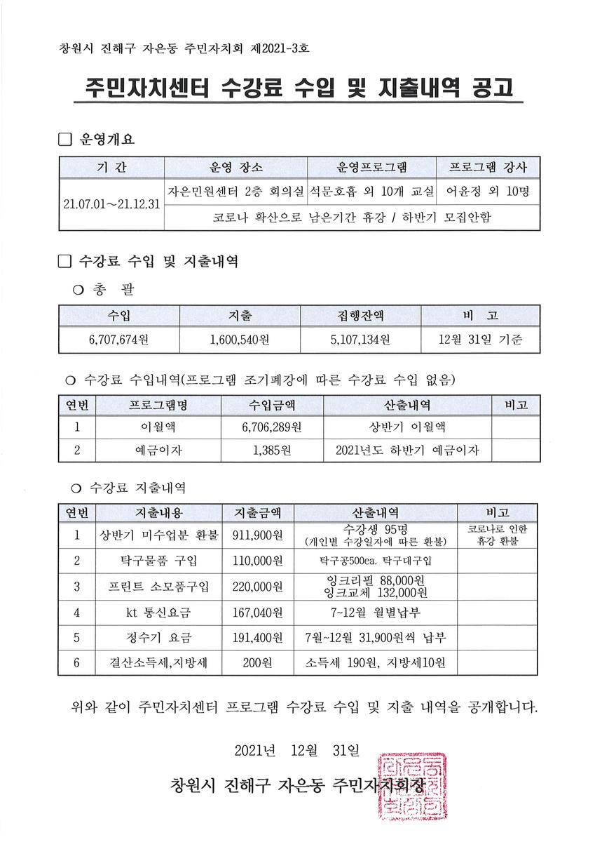 수강료 수입지출 공고문