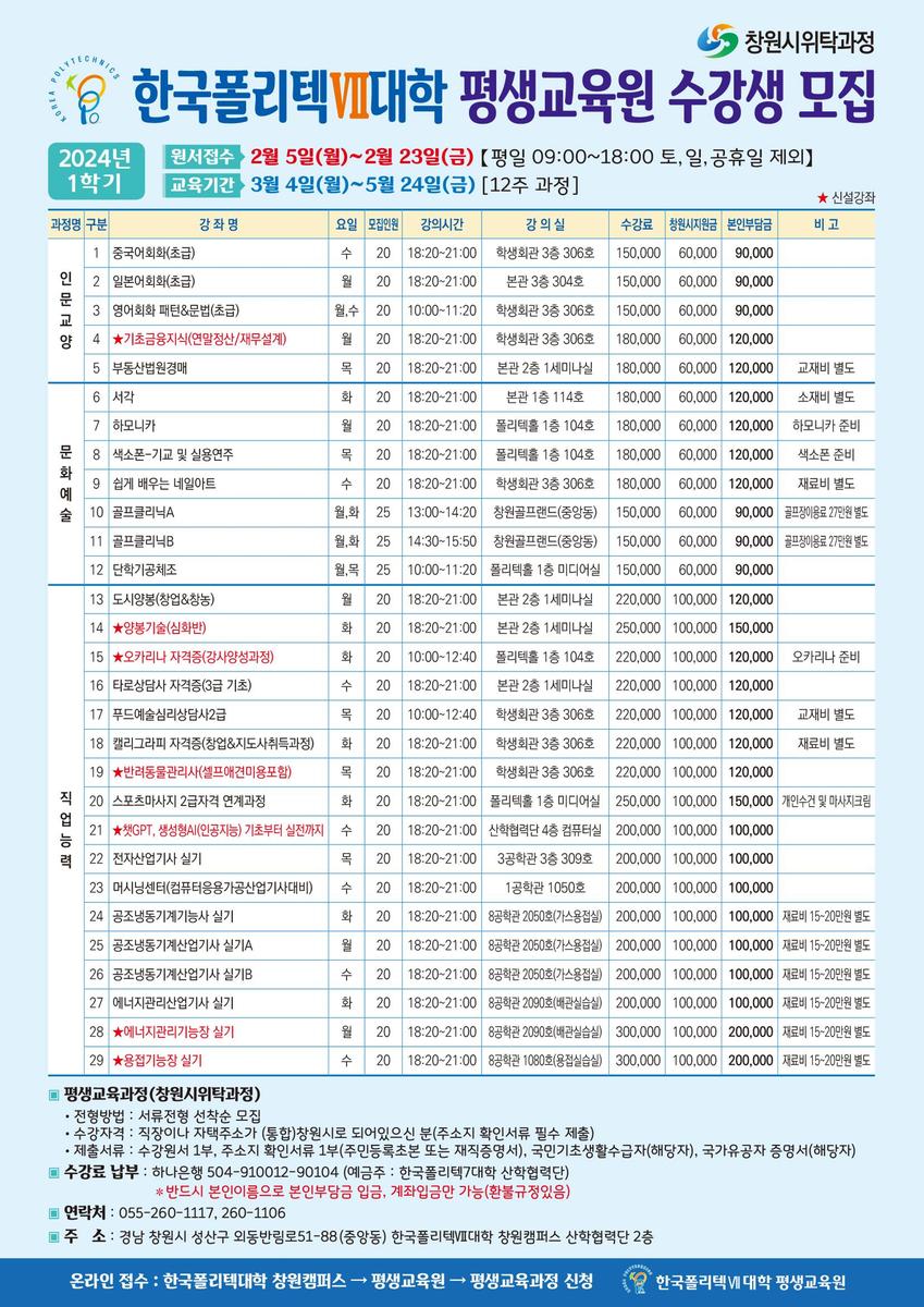 폴리텍 평생교육원 모집강좌 안내