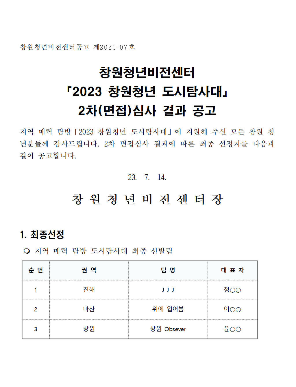 창원청년비전센터 「2023 창원청년 도시탐사대」 2차(면접)심사 결과 공고1