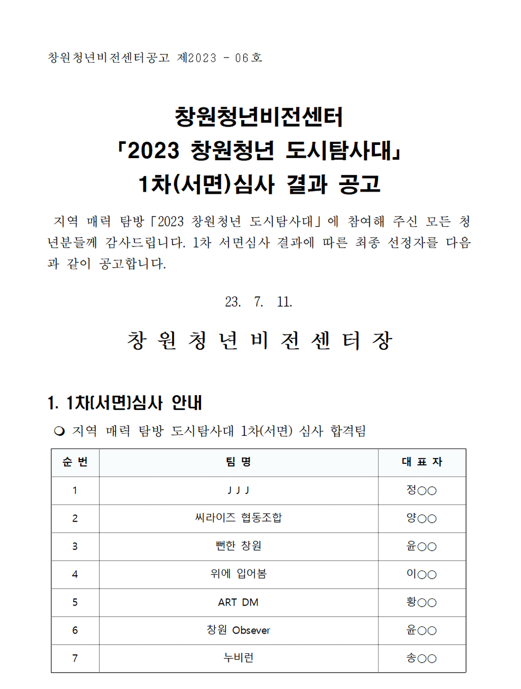 창원청년비전센터 「2023 창원청년 도시탐사대」 1차(서면)심사 결과 공고1