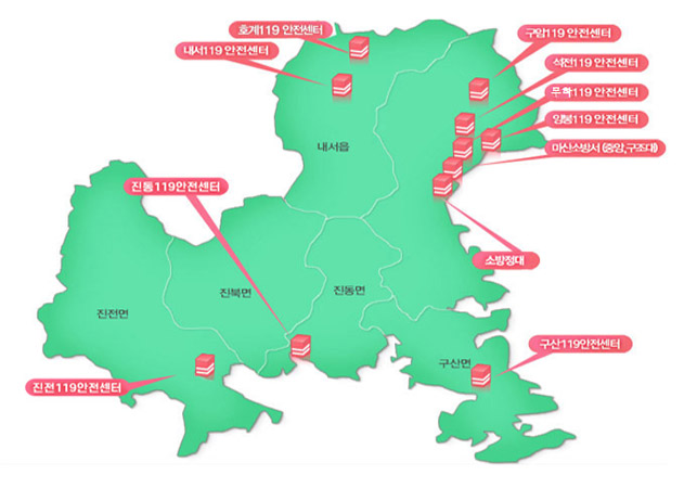 마산소방서 관내도
진전면 - 진전119안전센터
진동면 -  진동119안전센터
구산면 - 구산119안전센터
내서읍 - 내서119안전센터, 호계119안전센터
구암119안전센터, 석전119안전센터, 무학119안전센터,양봉119안전센터,마산소방서(중안,구조대)