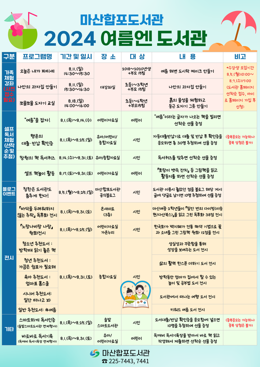 2024년 마산합포도서관 여름엔 도서관 행사 운영 안내문