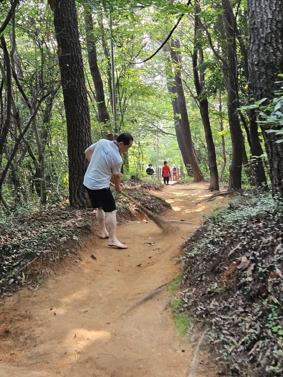 휴일이면 이 황톳길을 깨끗하게 비질을 하십니다.