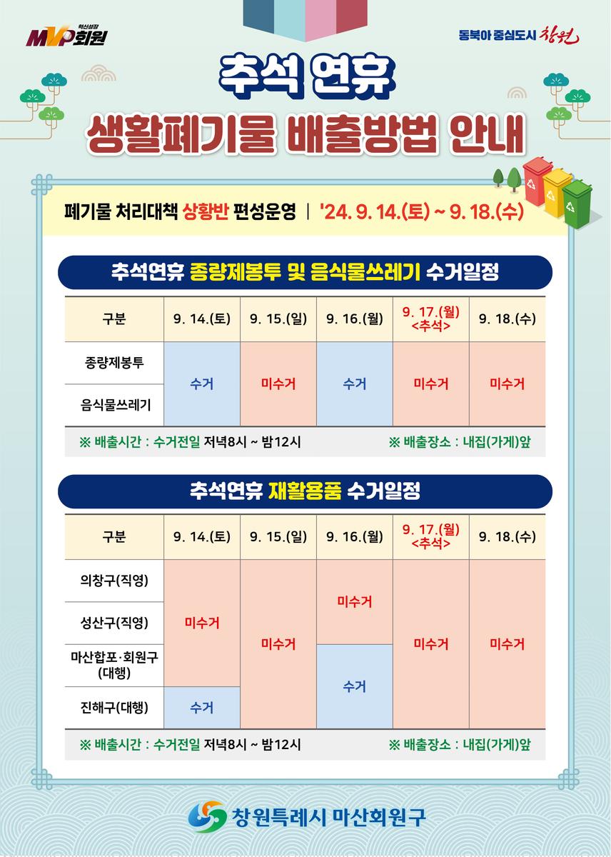 추석연휴 생활폐기물 배출방법 안내문